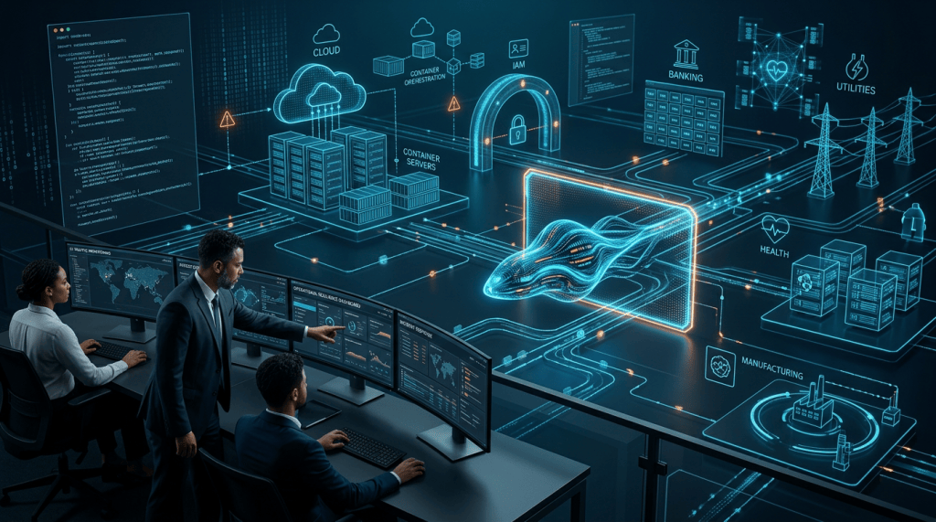 Security team monitoring a futuristic interconnected cloud infrastructure dashboard