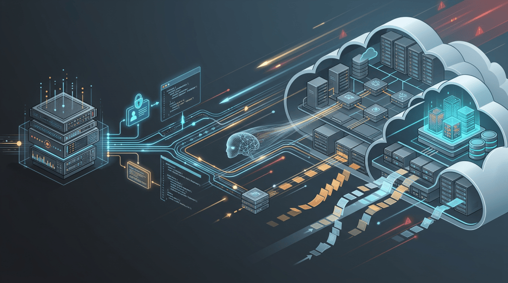 Illustration of secure data flowing from servers into interconnected cloud systems