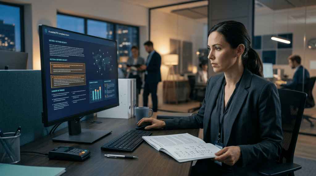Professional reviewing an AI-assisted compliance report at an office workstation